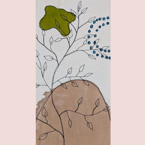 Boho Leaves fibre art wall hanging by Cassie Cartmell, handmade applique and fabric artwork, canvas-mounted, contemporary boho décor, physical art piece.