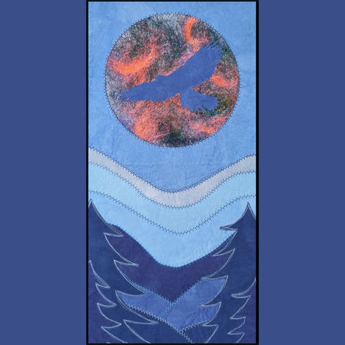 Luna Majestic mounted on canvas by Cassie Cartmell is a handmade fibre art piece with hand-dyed fabric, applique, and Angelina fibres. Canvas-mounted, physical artwork.