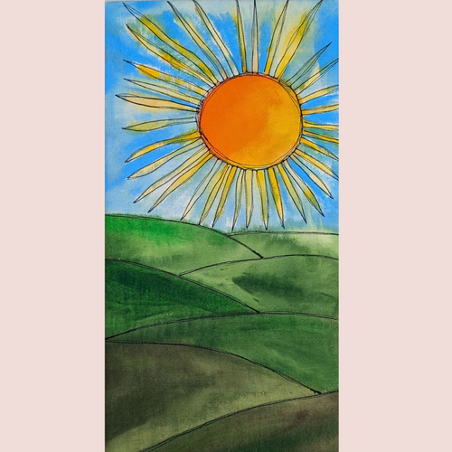Sun Over Fields fibre art wall hanging by Cassie Cartmell, handmade applique and fabric artwork, canvas-mounted, contemporary nature-inspired décor, physical art piece.